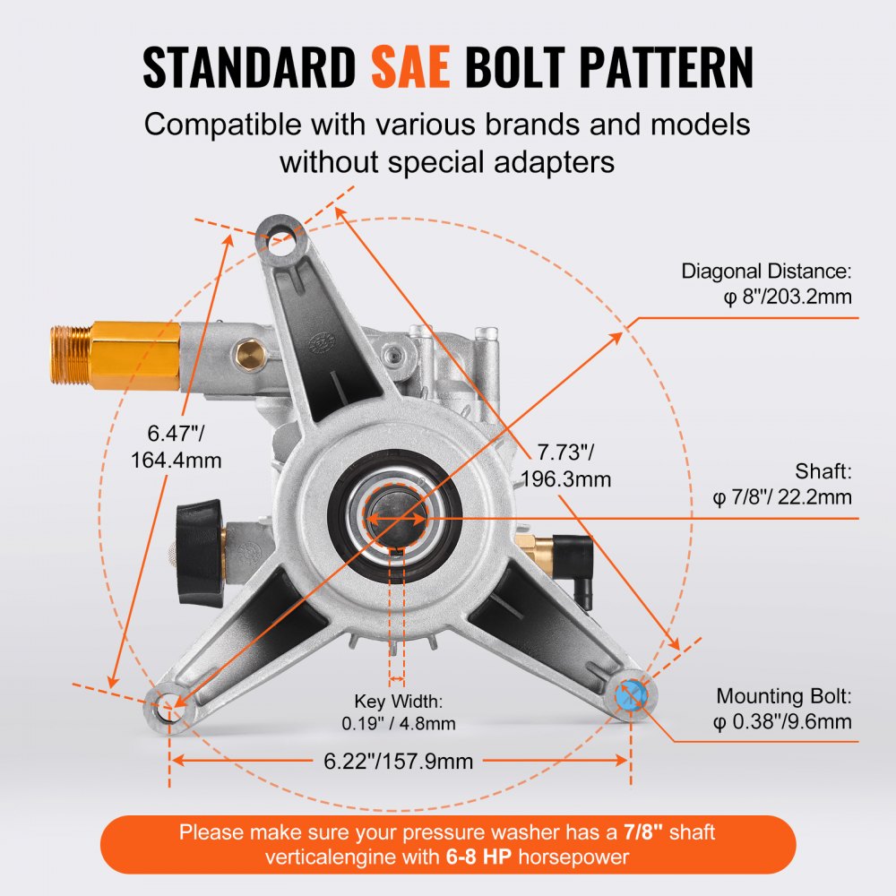 VEVOR High Pressure Washer Pump, 7/8 Inch Vertical Shaft, 3300 PSI, 3.0 GPM, Replacement High Pressure Washer Pump Kit with 5 Nozzles, Hardware and Siphon Tube, up to 150 Hours, High Pressure Washer Replacement Pump