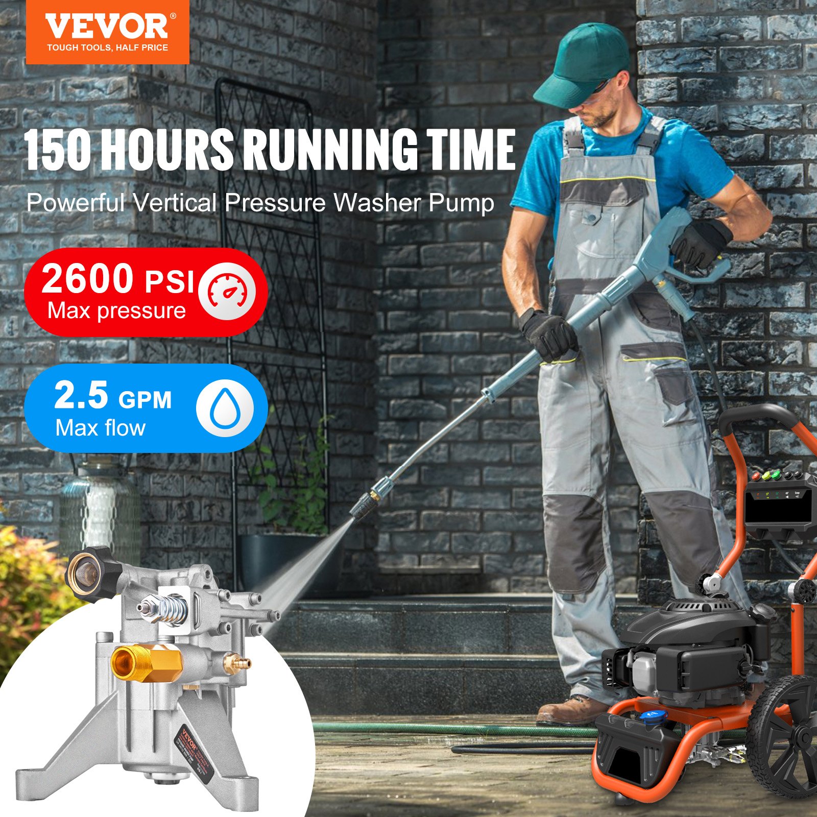 VEVOR Bomba de Lavado a Presión Eje Vertical de 7/8" 2600 PSI 2,5 GPM Kit de Bomba de Repuesto para Lavado a Presión Compatible con Honda, Simpson, RYOBI, Briggs & Stratton, Subaru, Craftsman