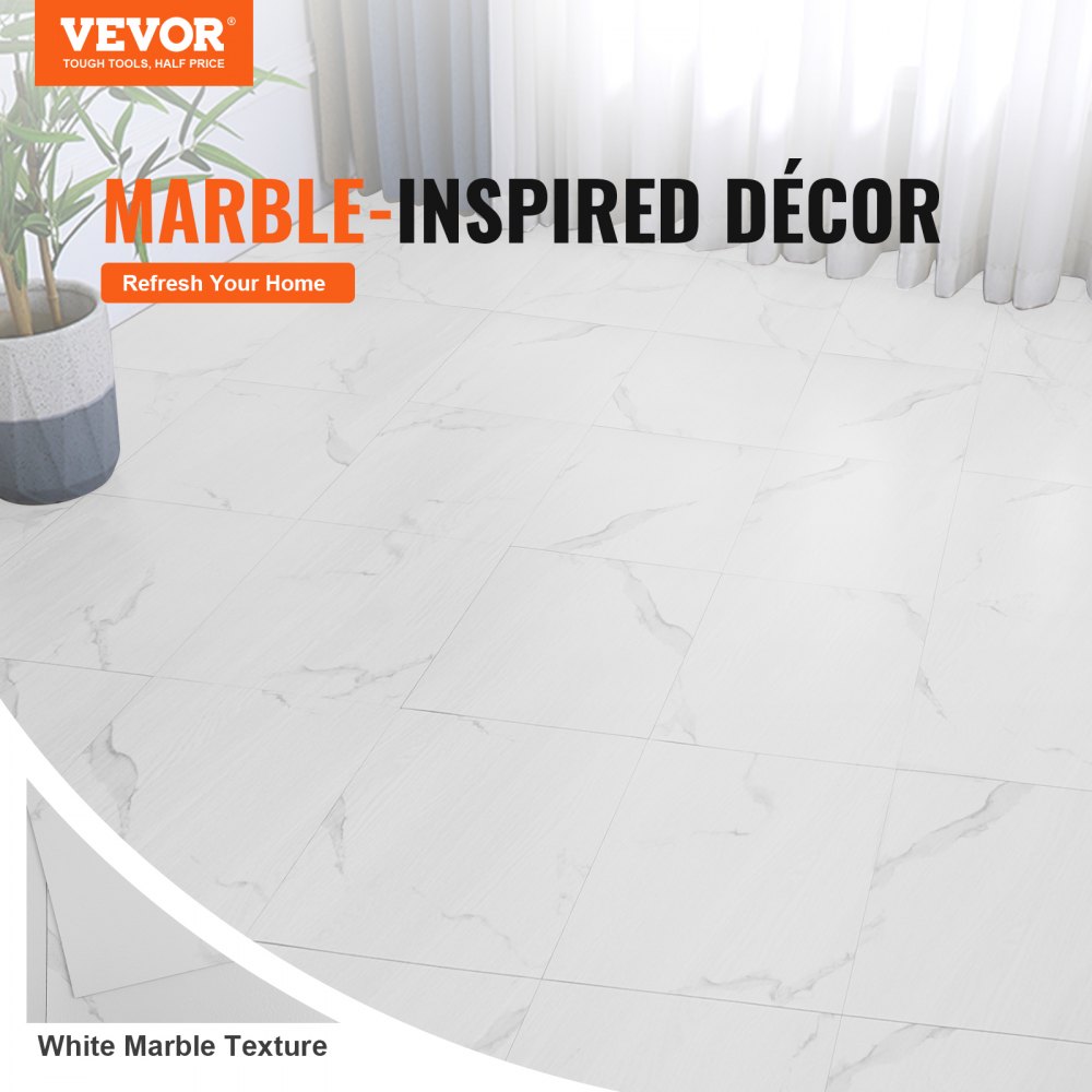 VEVOR Self-Adhesive Vinyl Floor Tiles, 30.5 x 30.5 cm, 50 Pieces, 1.5 mm Thick, Peel and Stick, White Marble Texture, DIY Flooring for Kitchen, Dining Room, Bedroom and Bathroom