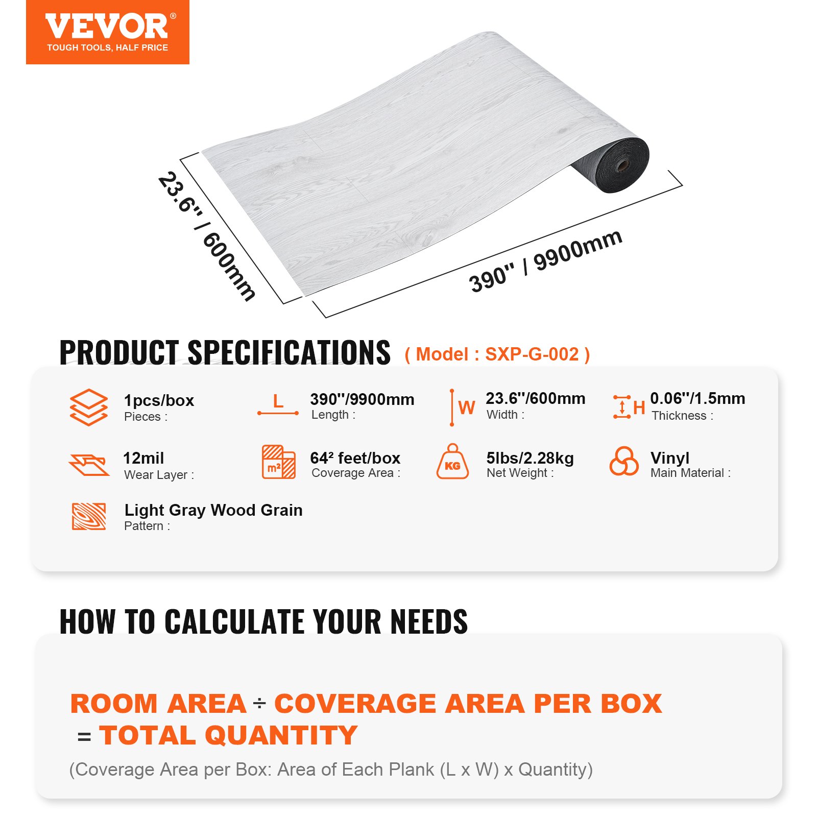 VEVOR Self-Adhesive Vinyl Floor Tiles 990 x 60 cm, 1.5 mm thick, Peel and Stick, Light Gray Wood Grain, DIY Flooring for Kitchen, Dining Room, Bedroom and Bathroom