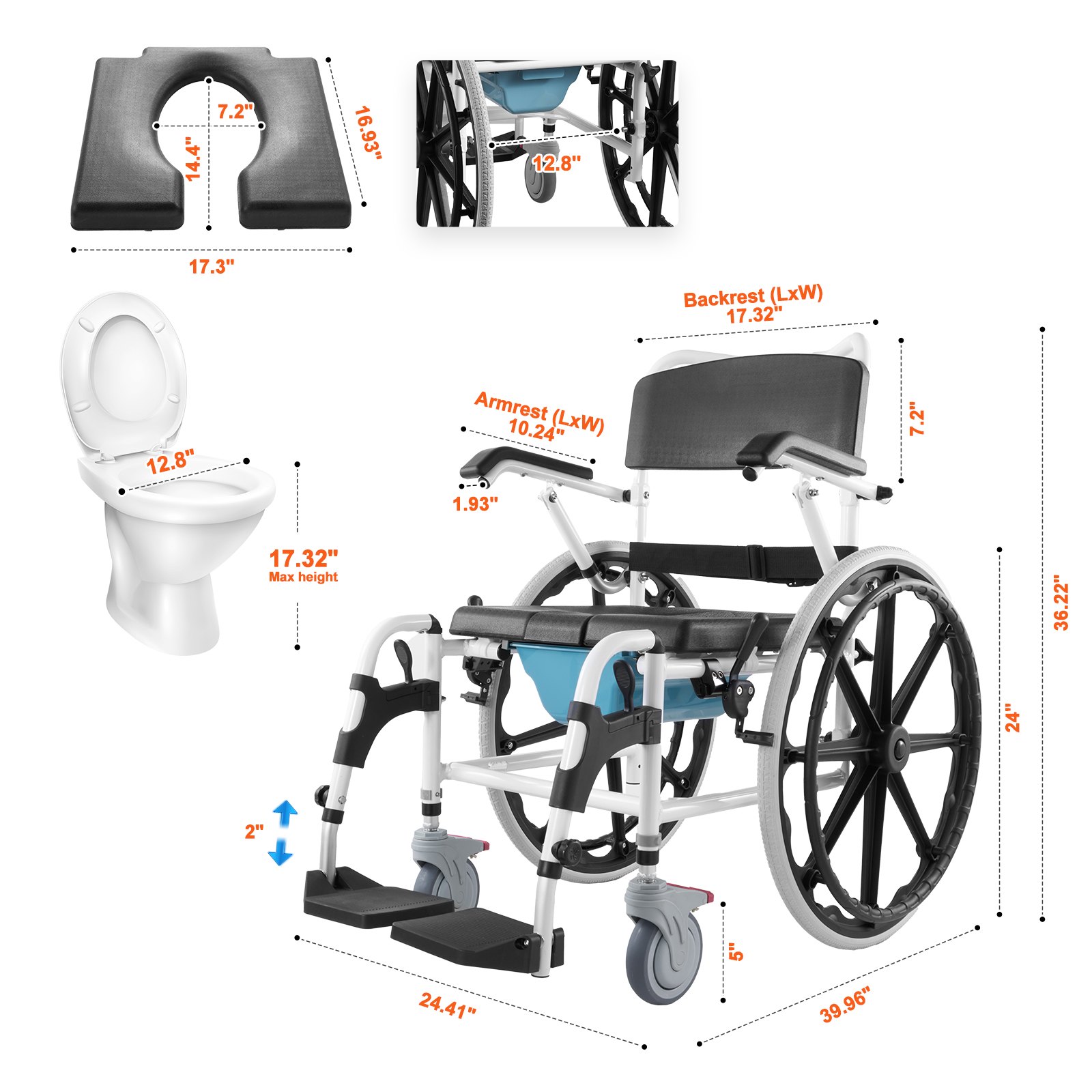 VEVOR Shower Wheelchair, 17.5-inch Wide Aluminum Alloy Bathroom Wheelchair for Indoor Showers, Adjustable Shower Wheelchair with Brake for Disabled Adults, 300 lbs Weight Capacity, Shower/Toilet/Transport Chair