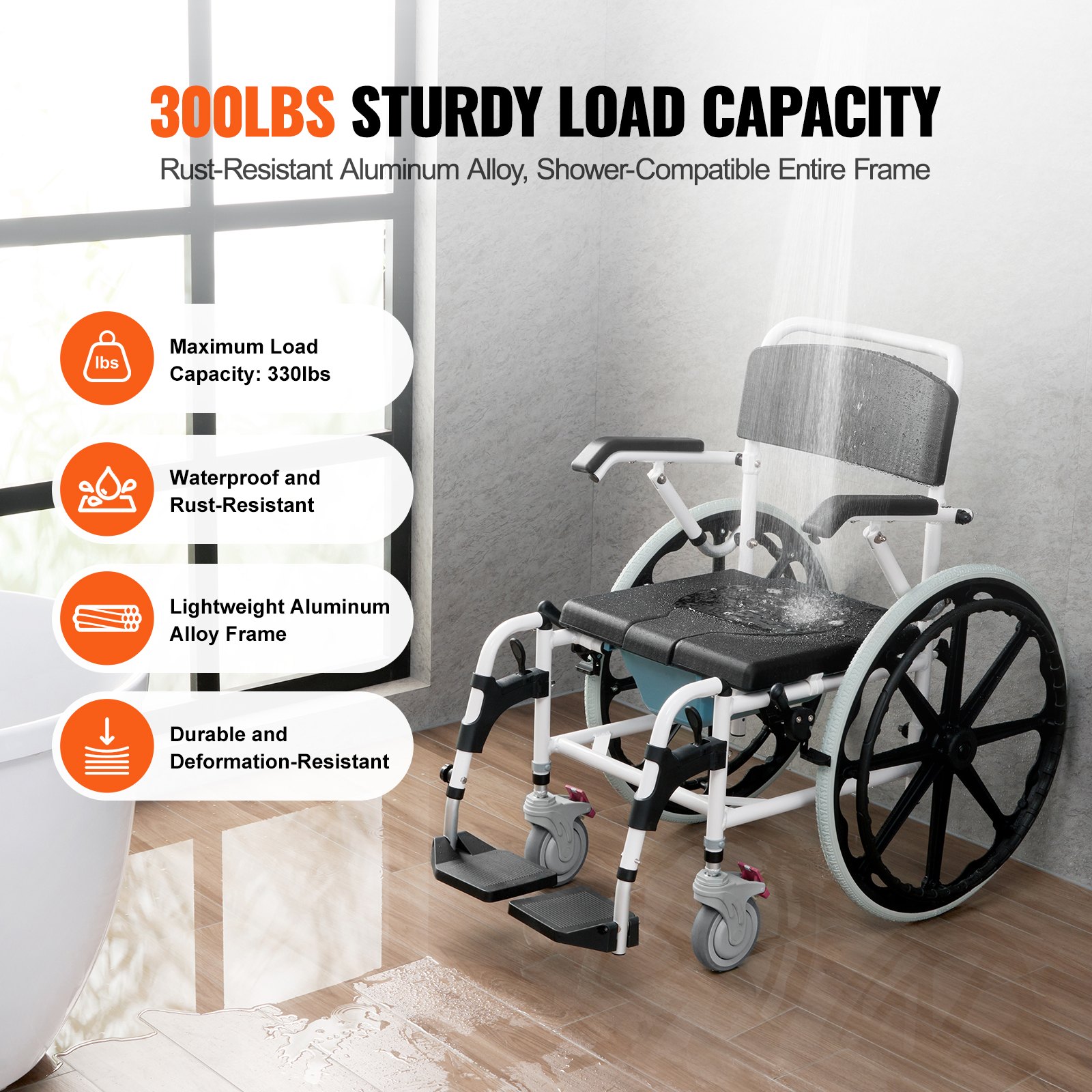 VEVOR Shower Wheelchair, 17.5-inch Wide Aluminum Alloy Bathroom Wheelchair for Indoor Showers, Adjustable Shower Wheelchair with Brake for Disabled Adults, 300 lbs Weight Capacity, Shower/Toilet/Transport Chair