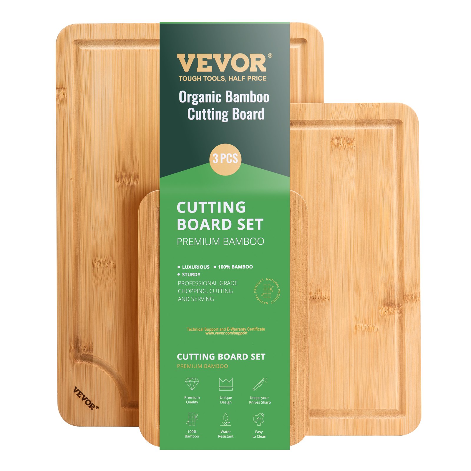 VEVOR Tabla de Cortar 3 Piezas Tabla de Cortar de Bambú Versátil con Ranura para Aceite Calidad Alimentaria Tabla de Cortar Resistente con Mango Incorporado Apta para Exhibir, Cortar, Servir