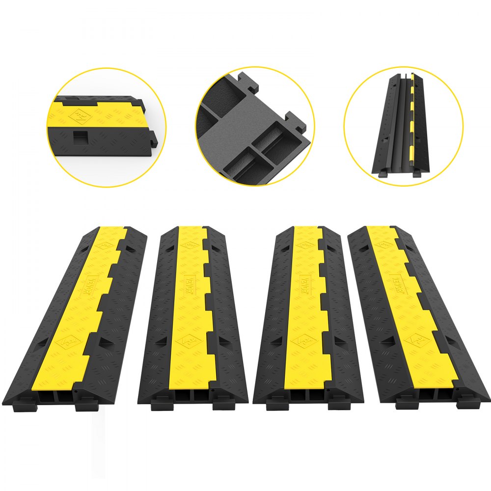 Rampa de Protección de Cable 101x24,5x5 cm 4 Piezas 2 Vías Canaleta Pasacables de Suelo 3,2x3,1cm Protector de Cables de Caucho y PVC Capacidad de Carga 4,989kg Cubiertas de suelo para Cables Negro y Amarillo
