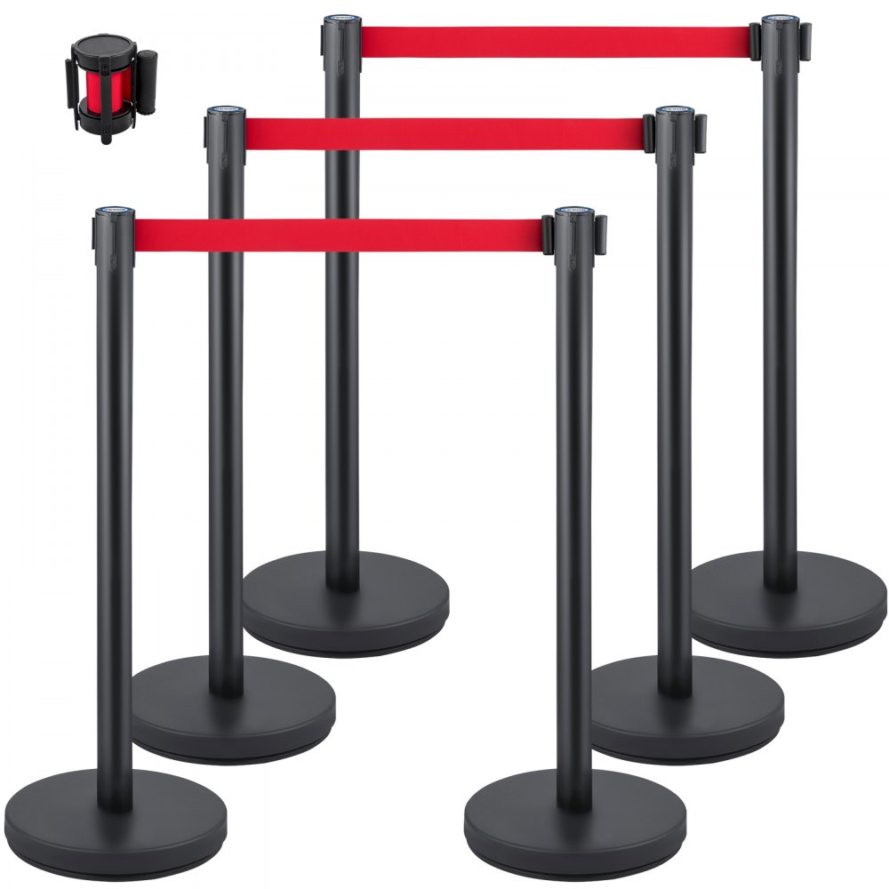 Postes Separadores 6 Piezas Altura 90 cm Negros Poste Separador con Cinta Extensible de 2 m Roja Conexión de 4 Vías Diámetro de Base 32 cm Postes de Barrera de Control de Multitudes Retráctiles