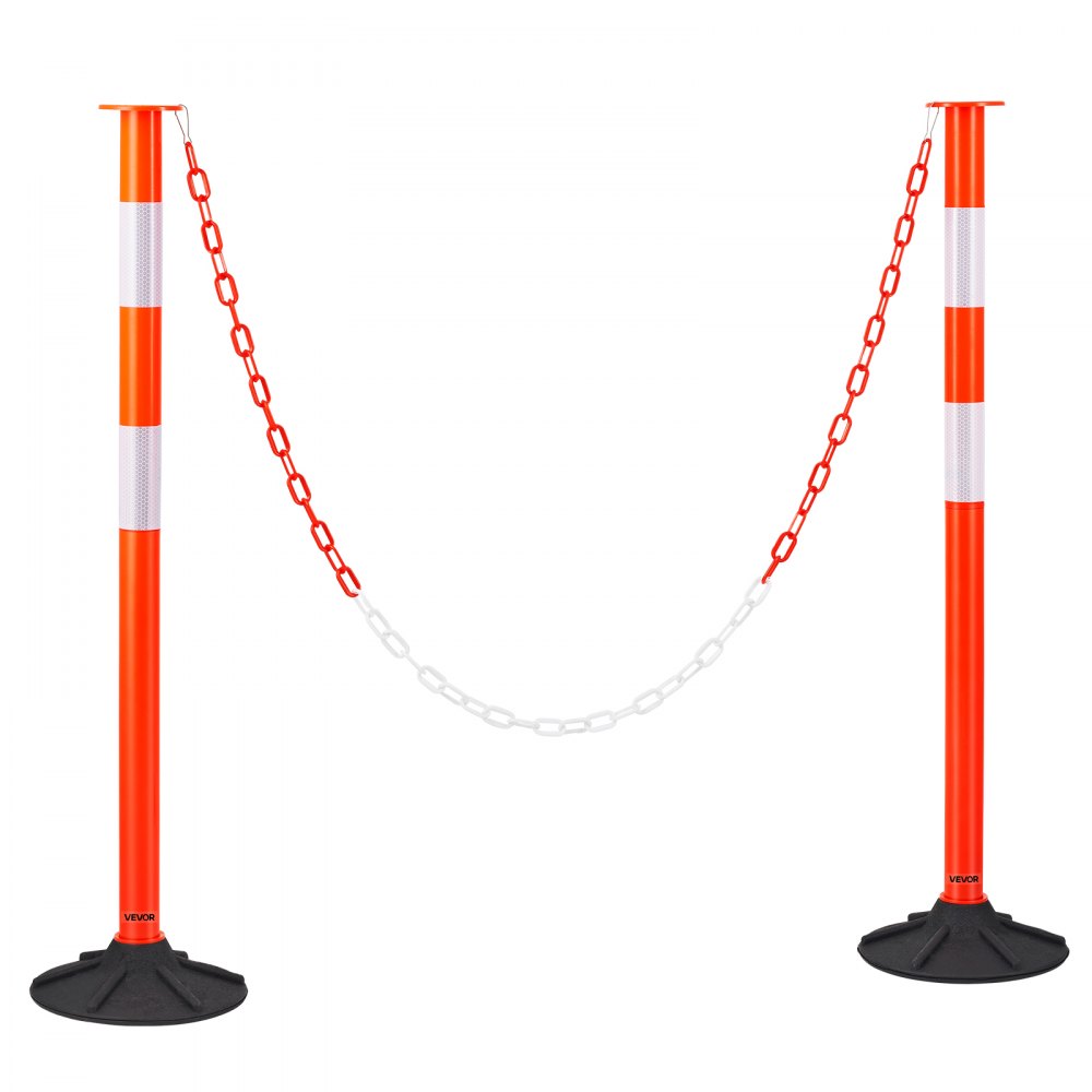 Juego de 2 Postes de Tráfico 871 mm Bolardo de Tráfico con Base con Peso y Cadena Poste de Señalización con Tiras Reflectantes para Aparcamiento, Estadios Deportivos, Lugares de Exhibición
