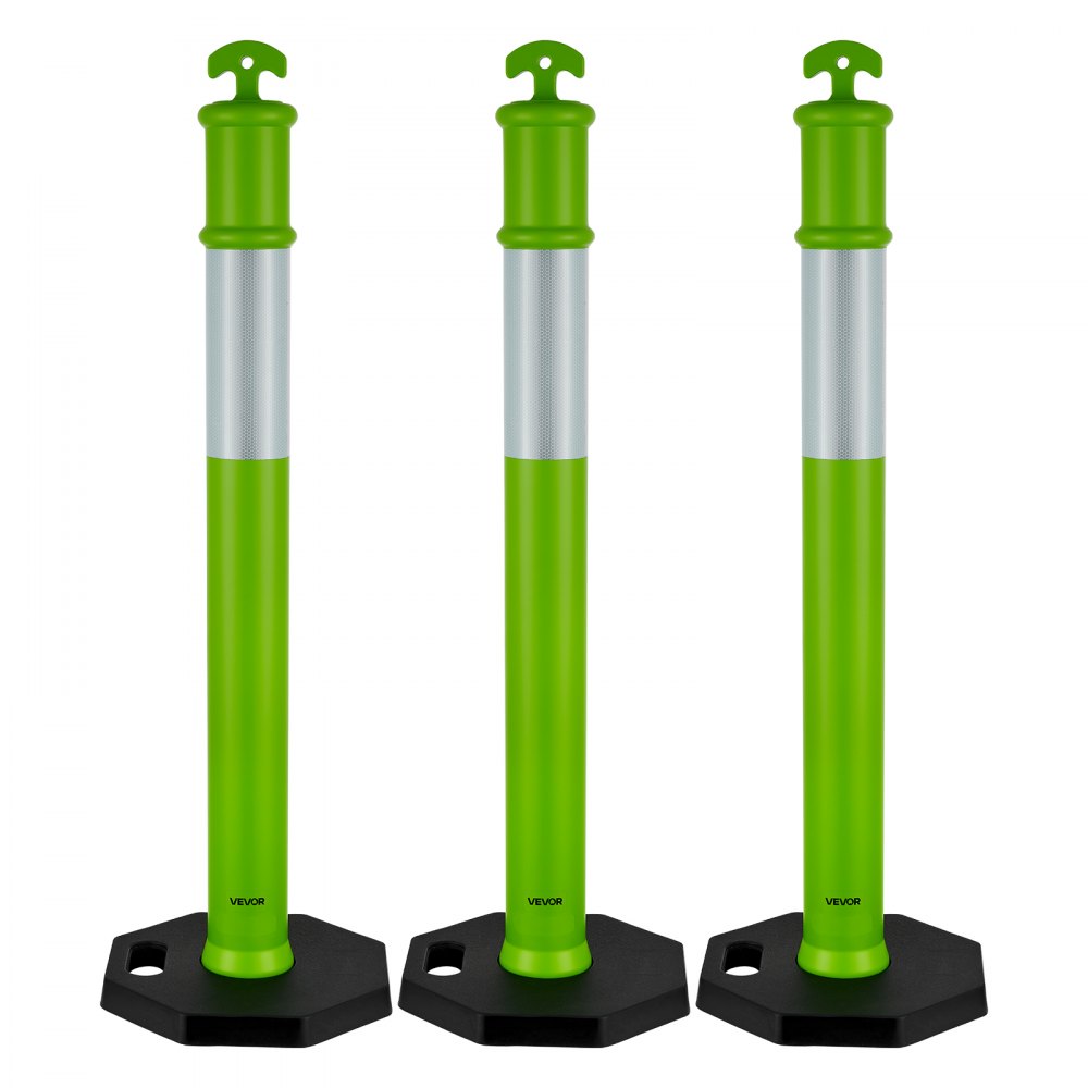 Postes de Tráfico 3 Piezas Bolardo de Tráfico 1140 mm con Banda Reflectante y Base con Peso Postes de Barrera Resistentes para Aparcamiento, Estadios Deportivos, Lugares de Exhibición, Verde