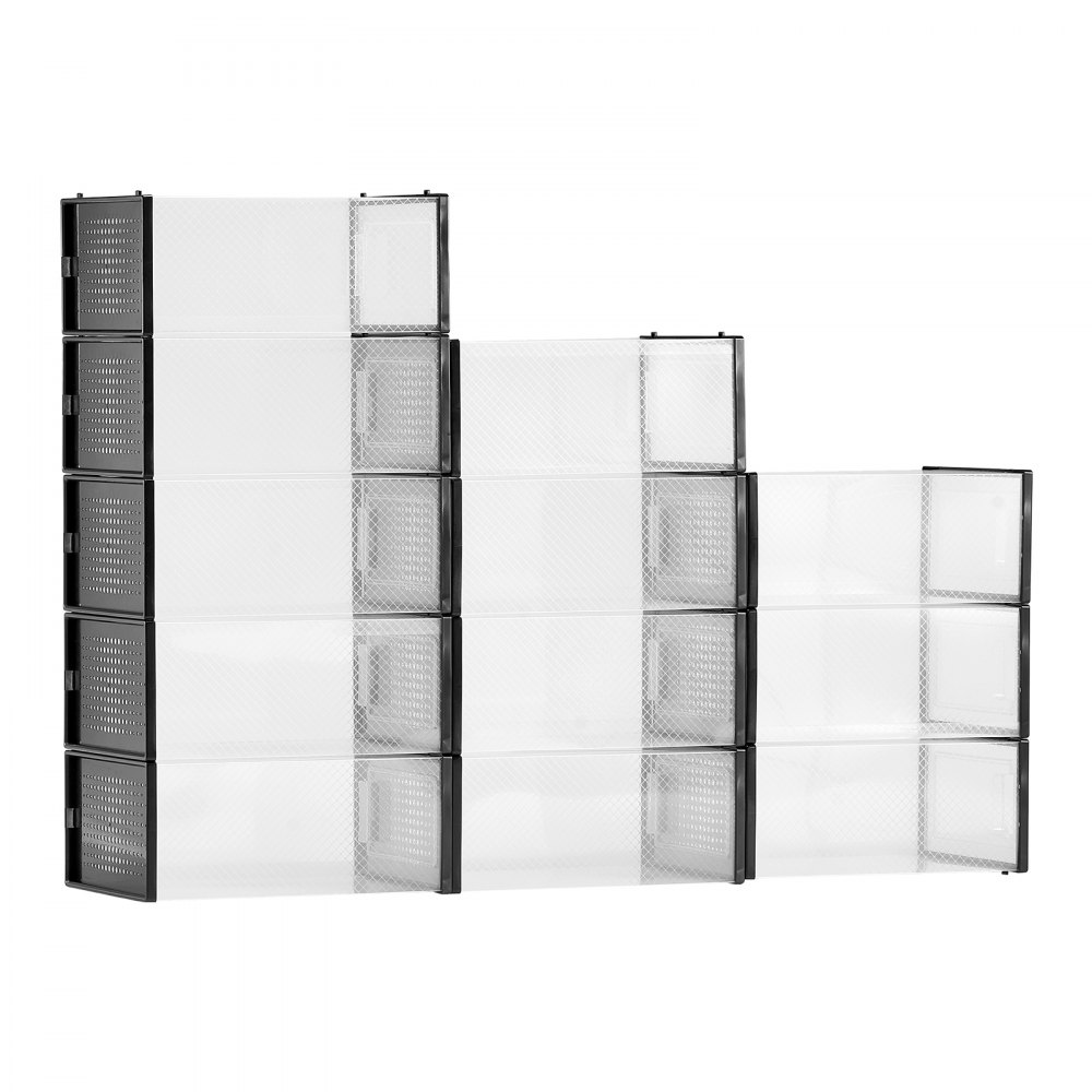 12 PCS Cajas de Almacenamiento para Zapatos, Cajas Apilables para Zapatos Aptas hasta la Talla 11 de EE. UU., Contenedores Modulares de Plástico para Guardar Tacones Altos, Botas, Marco Negro