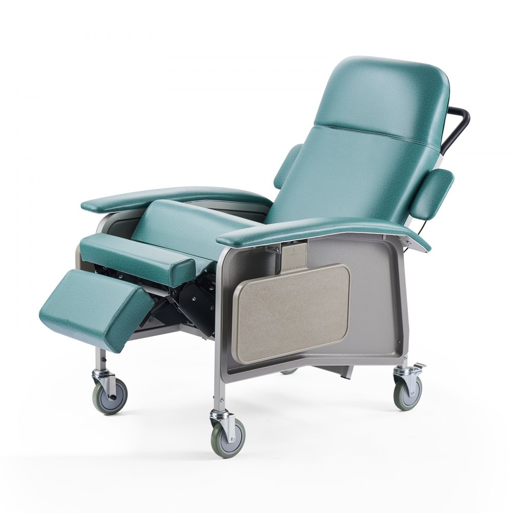 Sillón Reclinable de 4 Posiciones, con 4 Ruedas, Asiento Acolchado Suave y 2 Bandejas para Hospitales, Residencias de Ancianos y Atención Geriátrica, Carga de 113 kg, 940 x 790 x 1280 mm