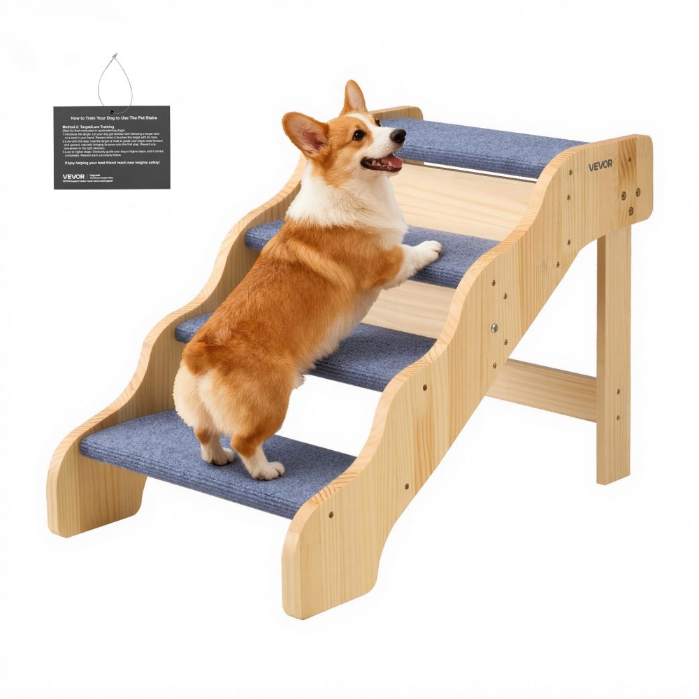 Escalera para Perros de 740 x 430 x 500 mm, 4 Peldaños, Madera de Pino y Tela de Fieltro, para Mascotas Pequeñas, Medianas, Grandes y Mayores, Ideal para Camas, Sofás y Coches, Carga 68 kg
