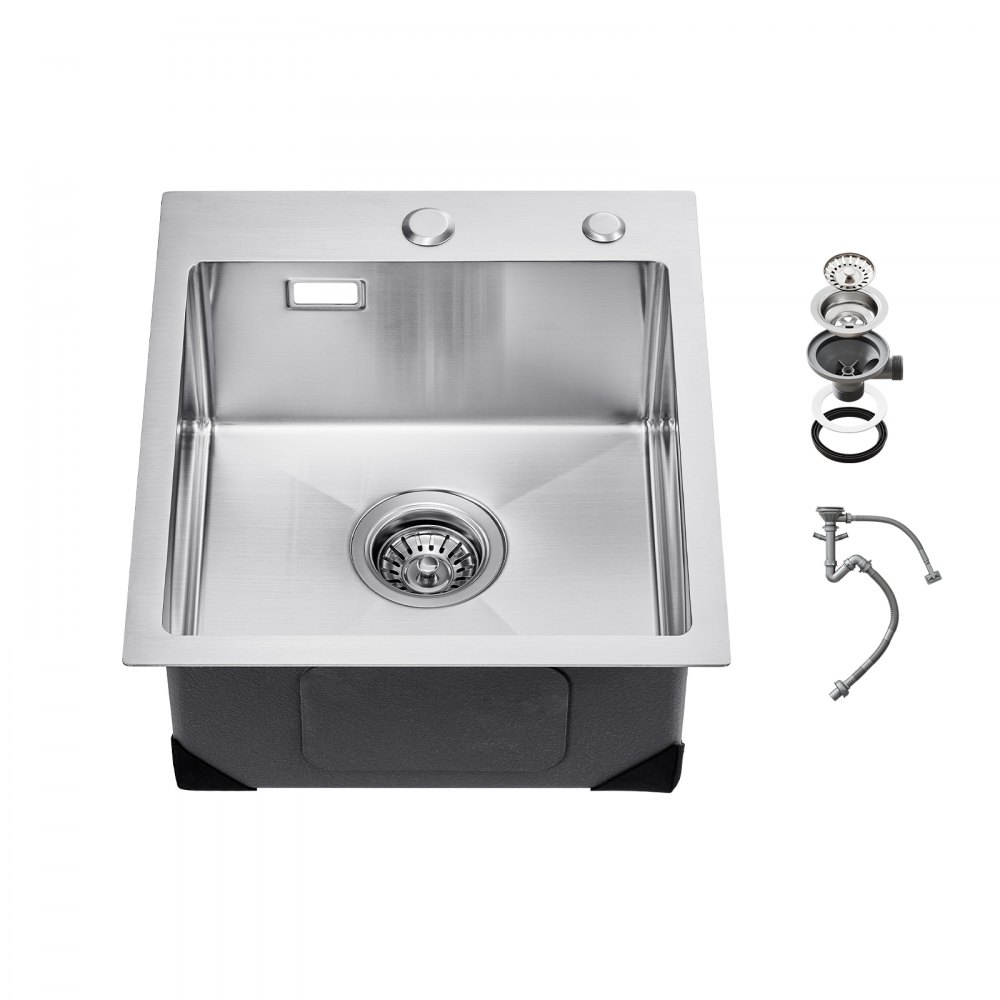 Fregadero de Cocina de Acero Inoxidable 304 con Montaje Superior, Lavabo de Granja de Un Solo Tazón con Accesorios, para RV, Cocina de Preparación, Lavadero, Bar, 400 x 450 x 190 mm, Plata