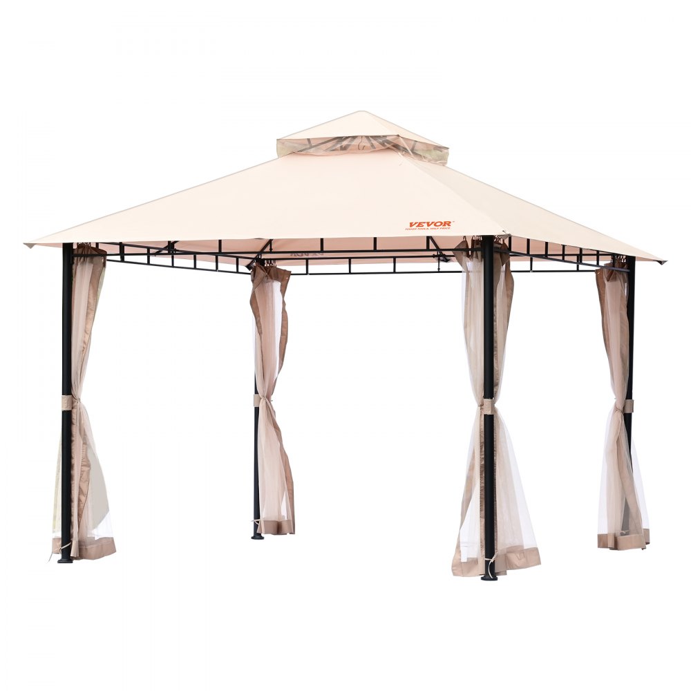 Gazebo de Jardín 295x295 cm Cenador de Patio con Mosquitera Emergente para 6-8 Personas con Estructura de Metal, Poliéster Recubierto de PU 180G, Refugio Exterior para Césped, Patio Trasero