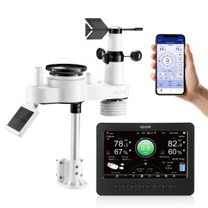 VEVOR7en1EstaciónMeteorológicaSolarWifi,conPantallaTFTde177,8mm,SensorSolarExterior,Temperatura,Humedad,Lluvia,VelocidaddelViento,DireccióndelViento,RayosUVyLuzSolar