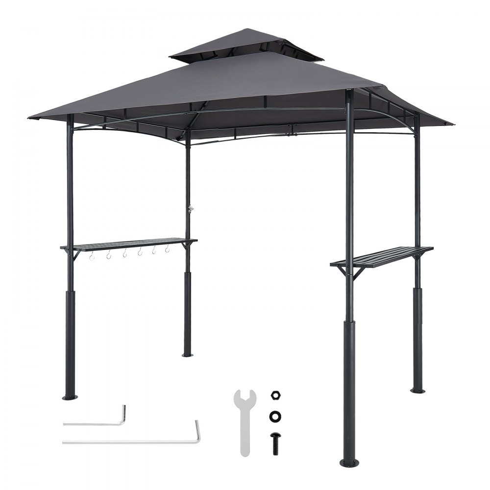 Gazebo para Barbacoa, Refugio Reforzado de Acero para Barbacoa con Recubrimiento en Polvo 243 x 150 x 250 cm con Techo de 2 Niveles, 2 Estantes Laterales y 8 Ganchos para Patio, Jardín