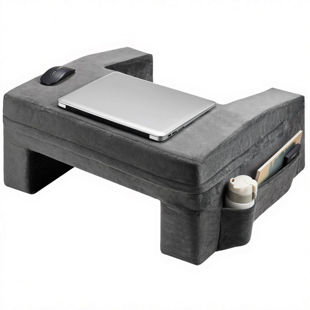 Almohada de Lectura, Almohada Grande para Cama 61x53,3x29 cm con Paño Lavable, 2 Bolsillos y Portavasos, Reposacabezas de Espuma Viscoelástica para Leer, Jugar, Descansar y Trabajar, Gris