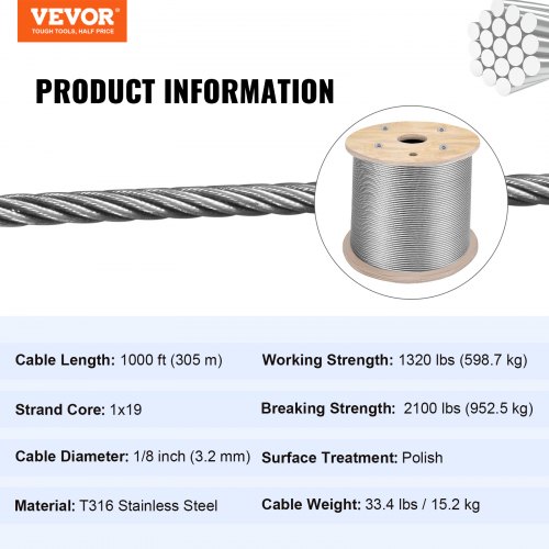 VEVOR Cable en Acier Inoxydable, Cable Métallique T316 1/8 pouce, Cable d'Acier 1000 pi, Construction 1x19 Surface Lisse pour Applications de Gréage et de Levage Cables