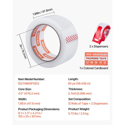 Dérouleur Scotch Carton Ruban Fragile 'Verre' BOMEI PACK - 12 Rouleaux De 50mm X 66m, Avec Dérouleur Scotch Déménagement
