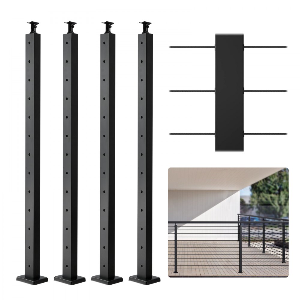 poteaux de garde-corps en câble VEVOR noir avec trous d'installation et un exemple de garde-corps de terrasse en arrière-plan.