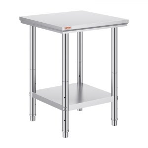 Table De Travail En Acier Inoxydable MINRS - 60x60x80 Cm, Charge 400 Kg, 2 Niveaux, Pieds Réglables, Pour Cuisine, Atelier