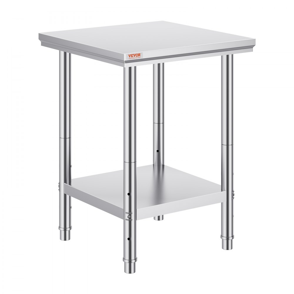 Table de préparation en acier inoxydable VEVOR avec étagère inférieure et pieds réglables.