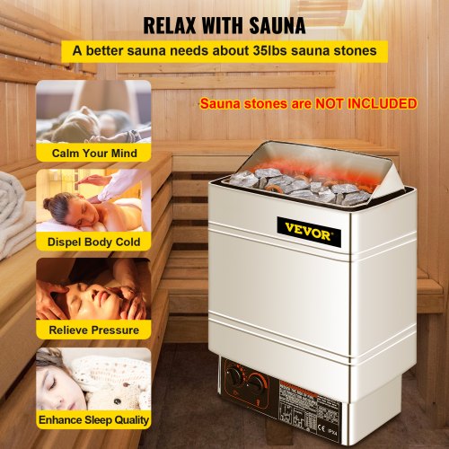 VEVOR Poêle électrique de Sauna 6 KW Poêle de Sauna électrique pour 5-9 m3 Chauffage Sauna 104-221℉ Poêle de Chauffage électrique en Acier Inoxydable Poêle de Sauna avec Contrôle Externe