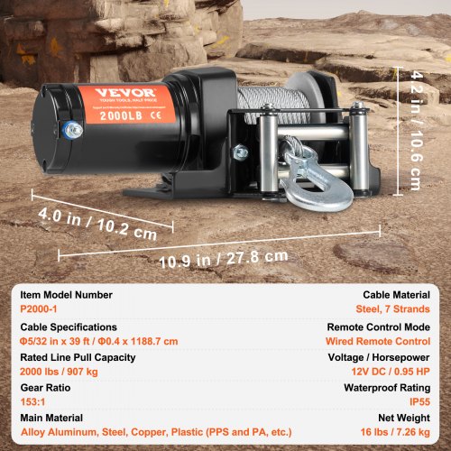 Treuil Électrique 12V Husar - 2000 Lbs - Corde Acier 15m - Pour Quad, ATV, UTV