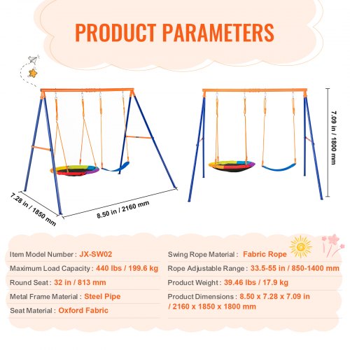 Balançoire De Jardin VEVOR - 1 Nacelle + 1 Siège Ceinture - Portique Acier - Capacité 200 Kg