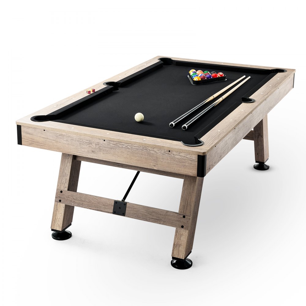 Table de billard VEVOR avec feutre noir, queues de billard, boules de billard et cadre en bois sur fond blanc.