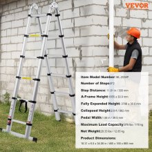 VEVOR Échelle Télescopique Aluminium Extensible 3,8m 170kg Barre Stabilisatrice