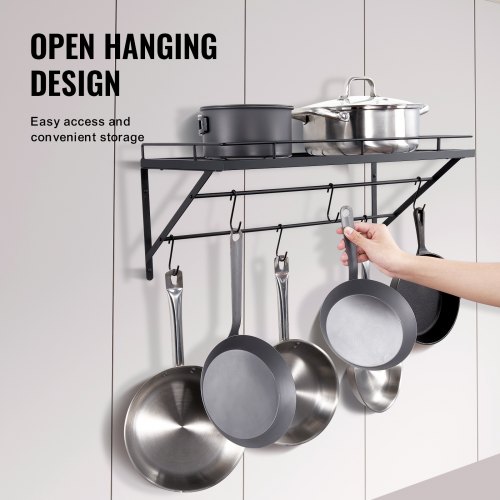 Support Mural Casseroles Et Poêles Mutool 70cm - Étagère Cuisine Avec 10 Crochets Métal Noir