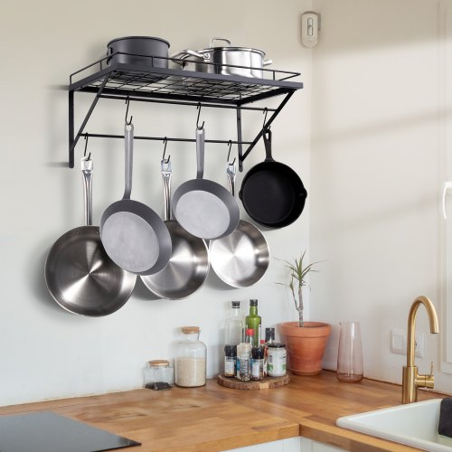 Celbon Support Mural Ustensiles Cuisine 30 Cm Noir - 5 Crochets Amovibles En S, Installation Sans Percer Ou Vis