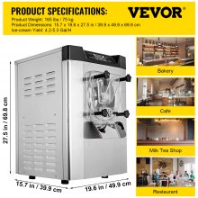 VEVOR Sorbetière Commerciale Machine à Crème Glacée en Acier Inoxydable 16-20L/h