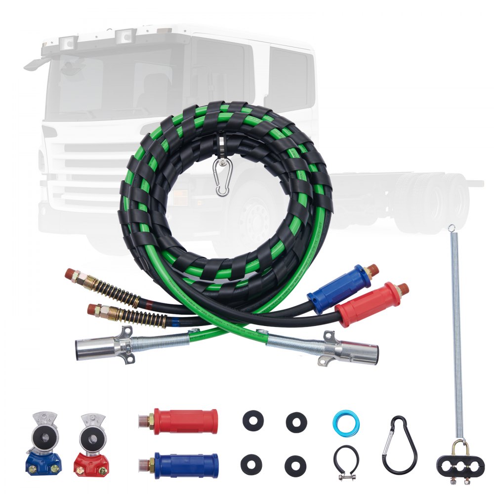 Kit de conduites d'air pour semi-remorque VEVOR avec tuyaux spiralés verts et noirs, raccords, rondelles et accessoires.