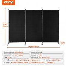 VEVOR Cloison de Séparation Paravent à 3 Panneaux 260 cm Séparateur Bureau Noir