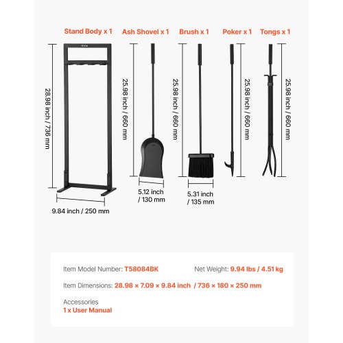 Mophorn Ensemble D'outils De Cheminée 5 Pièces, Kit En Fer Forge Avec Support A Quatre Branches Pelle Brosse Tisonnier Ideal Pour Feu Interieur Ou Exterieur Noir 90710370