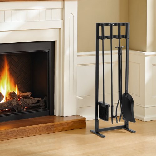 Mophorn Ensemble D'accessoires De Cheminée 5 Pièces, Kit En Fer Forge Avec Support A Cinq Branches Pince Pelle A Cendres Brosse Et Tisonnier Finition Noir Et Laiton 90710175