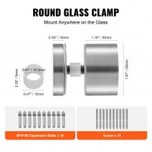 VEVOR Pince à verre ronde support de garde-corps verre 8 à 12 mm 10 pcs argent