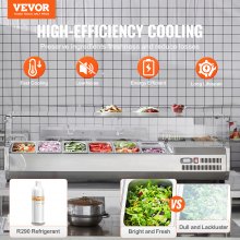 VEVOR Saladette Réfrigérée à Poser 155 W, Vitrine Réfrigérée pour Pizzeria, avec 4 1/3 Casseroles et 4 1/6 Casseroles, Corps en Inox 304 et Couvercle en PC, pour Préparation de Sandwich Ingrédients