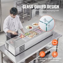 VEVOR Saladette Réfrigérée à Poser 155 W, Vitrine Réfrigérée pour Pizzeria, avec 4 1/3 Casseroles et 4 1/6 Casseroles, Corps en Inox 304 et Couvercle en PC, pour Préparation de Sandwich Ingrédients