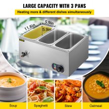 VEVOR Bain Marie XTC3C , Chauffe plat 220v Chauffe-plat Electrique Commercial avec 3 Bacs Casseroles en Acier Inoxydable pour les magasins de petit-déjeuner/les collations/les restaurants