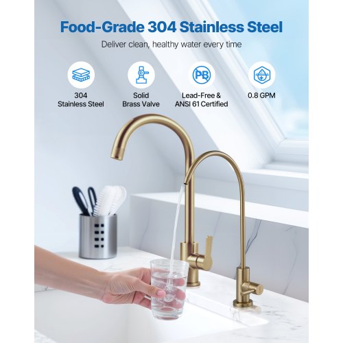 Robinet Filtre à Eau Cuisine 100% Sans Plomb – Bec Col De Cygne Doré Brossé, Acier Inox SUS304 - 8