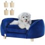 chien blanc sur canapé-lit pour chien VEVOR bleu avec quatre pieds en bois présentés séparément.