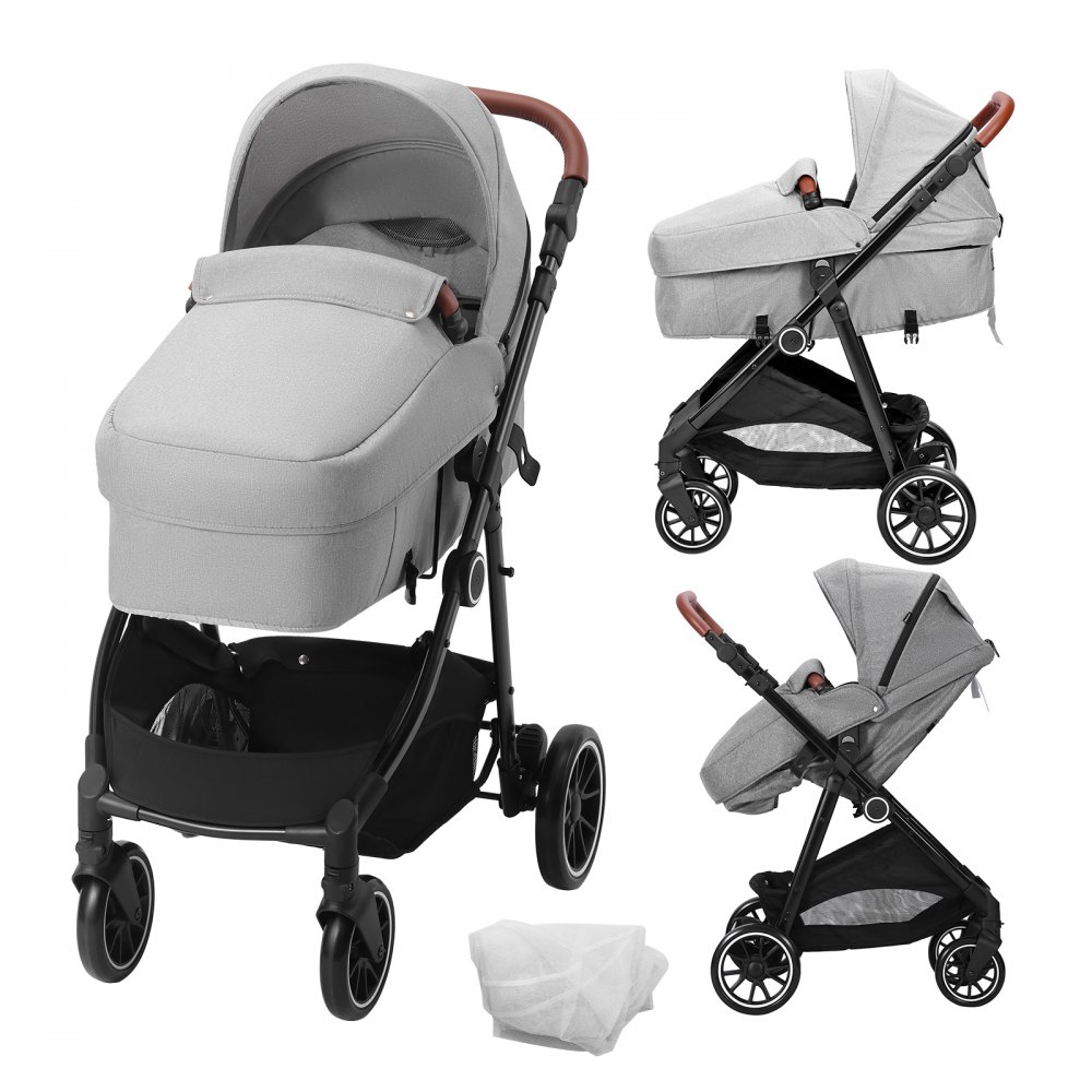 VEVOR Poussette standard pour bébé, poussette pour tout-petit avec couffin, dossier réglable siège pliable réversible pour nouveau-né acier au carbone avec couvre-jambes et filet en maille, gris clair