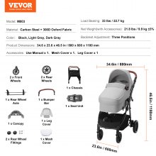 VEVOR Poussette standard pour bébé, poussette pour tout-petit avec couffin, dossier réglable siège pliable réversible pour nouveau-né acier au carbone avec couvre-jambes et filet en maille, gris clair
