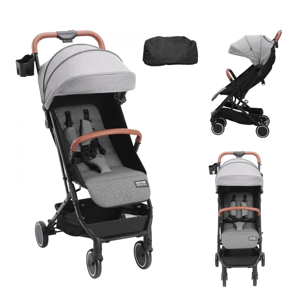 VEVOR Poussette standard pour bébé, poussette pour tout-petit avec dossier réglable 95° à 175° repose-pieds réglable 0/90° pliable en un clic porte-gobelet sac de transport pour nouveau-né, gris foncé