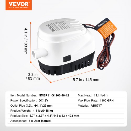 Pompe De Cale Automatique 12V – 1100 GPH, Submersible, Interrupteur à Flotteur - 1
