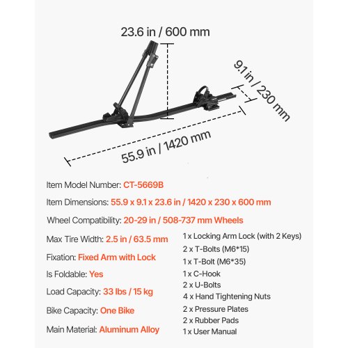 VEVOR Porte-vélos De Toit, Capacité De 15 Kg, Support De Toit Vertical Pliable Avec Systèmes