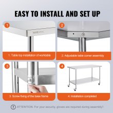 VEVOR Table de Travail en Inox Table de Préparation avec Roulettes 76,2x152,4 cm