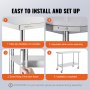 guide d'assemblage facile pour la table de travail en acier inoxydable VEVOR, mettant en évidence les étapes d'installation et de configuration.