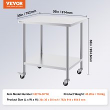 VEVOR Table de Travail en Inox Table de Préparation avec Roulettes 76,2x91,4 cm